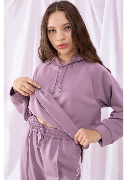 Lila Cool Yazılı Kapüşonlu Geniş Paça Kız Çocuk Eşofman Takımı 19536 indirimleri