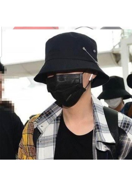Siyah K-Pop Piercing Çengelli Iğne Modelli Bucket Şapka modelleri