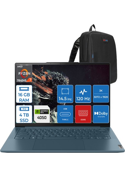 Yoga Pro 7 14APH8 Ryzen 7 7840HS 16GB LPDDR5X 512GB SSD 6GB/RTX4050 14.5" 3k IPS 400NITS 120Hz Dolby Vision WIN11HOME Taşınabilir Bilgisayar L82Y8000BTXWH01 + Zettaçanta