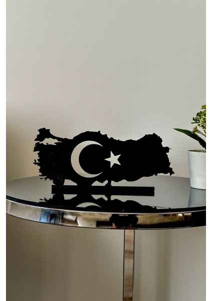 Türk Haritası ve Bayrağı Masa Süsü, Metal, 20x10 cm, Siyah, Dekoratif Obje