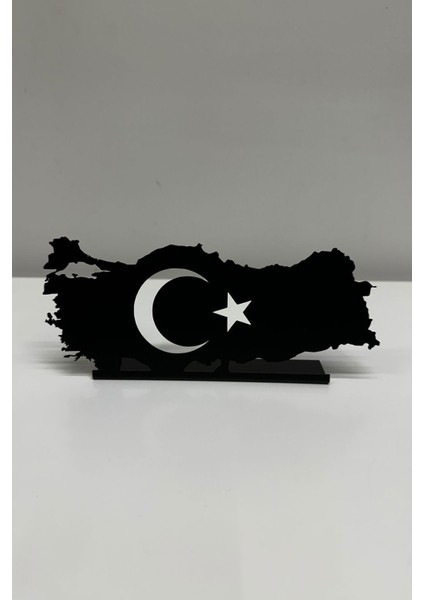 Türk Haritası ve Bayrağı Masa Süsü, Metal, 20x10 cm, Siyah, Dekoratif Obje modelleri