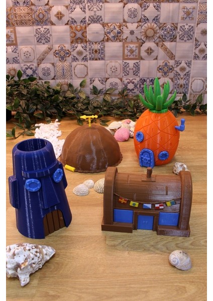 Tekno Trust Sünger Bob Bikini Bottom Ananas Ev Yengeç Restoran Patrick'in Kaya Evi Moai Dekoratif Aksesuar Seti