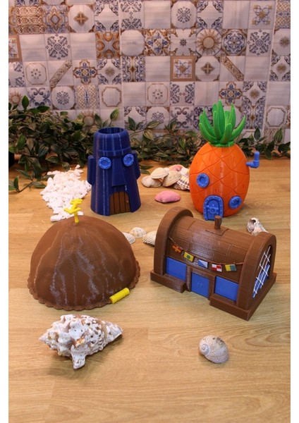Tekno Trust Sünger Bob Bikini Bottom Ananas Ev Yengeç Restoran Patrick'in Kaya Evi Moai Dekoratif Aksesuar Seti