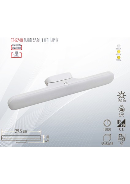 CT-5249 Martı Şarjlı Ledli Aplik