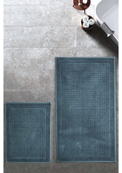 Ekose Desen Pamuklu Klozet Takımı Banyo Paspası Seti 60X100 + 50X60 Antrasit