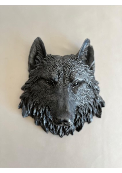 Şık Siyah Kurt Başlı Dekoratif Heykel, 21x20 cm, alçı materyal, duvara asılır. fiyatları