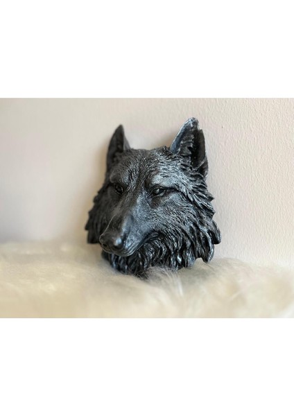 Şık Siyah Kurt Başlı Dekoratif Heykel, 21x20 cm, alçı materyal, duvara asılır. modelleri