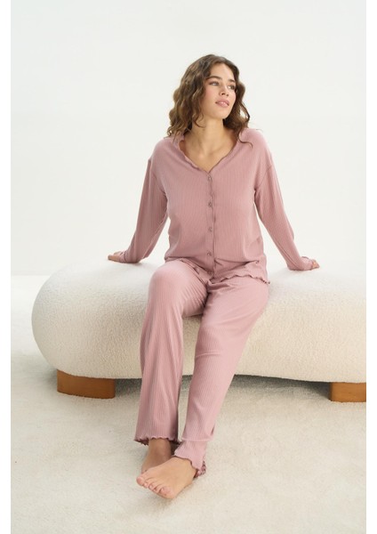 Kadın Uzun Kol Önden Düğmeli Gül Kurusu Pijama Takım C1T7N1O61 fiyatları