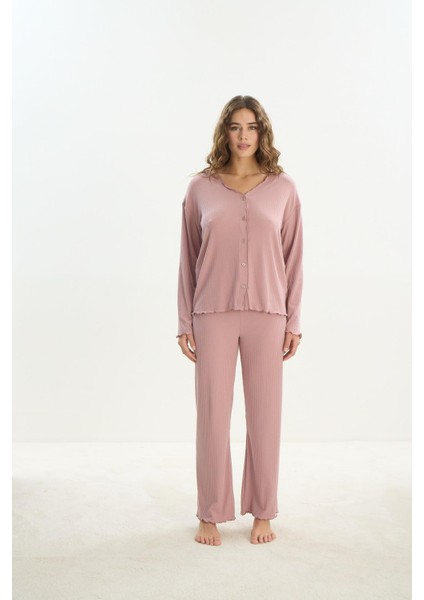 Kadın Uzun Kol Önden Düğmeli Gül Kurusu Pijama Takım C1T7N1O61 modelleri