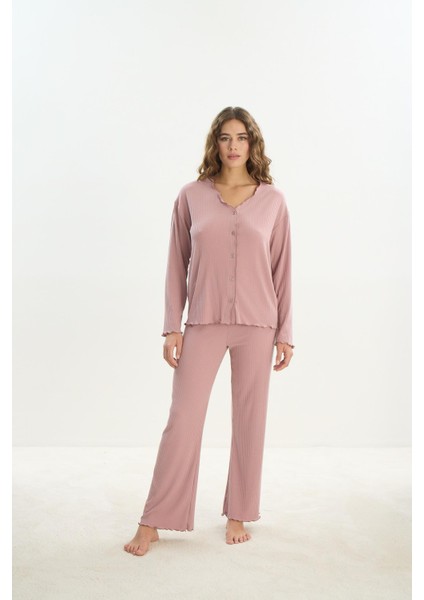 Kadın Uzun Kol Önden Düğmeli Gül Kurusu Pijama Takım C1T7N1O61 fırsatları