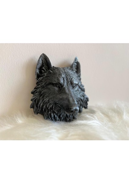 Şık Siyah Kurt Başlı Dekoratif Heykel, 21x20 cm, alçı materyal, duvara asılır. fırsatları