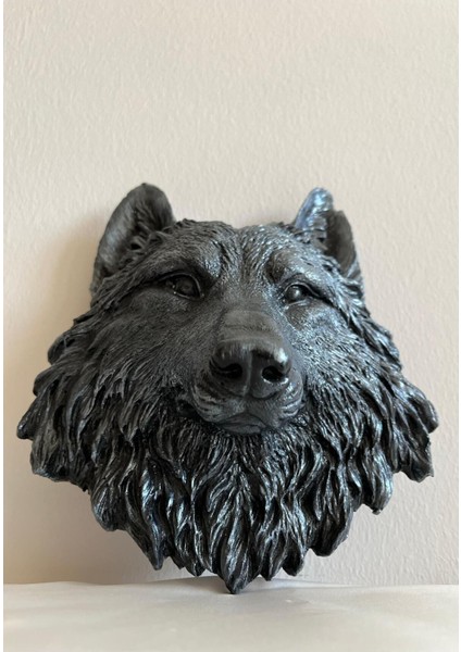 Şık Siyah Kurt Başlı Dekoratif Heykel, 21x20 cm, alçı materyal, duvara asılır. indirimleri