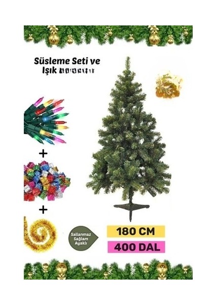 Premium Kutu Süsleme Seti Yılbaşı Çam Ağacı Renkli Işığı Yeni Yıl Süsleri Noel Paketi 180 cm 400 Dal