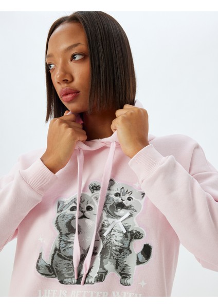 Kedi Baskılı Sweatshirt Kapüşonlu Şardonlu Rahat Kalıp