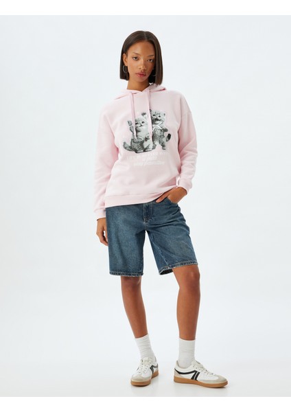 Kedi Baskılı Sweatshirt Kapüşonlu Şardonlu Rahat Kalıp fiyatları