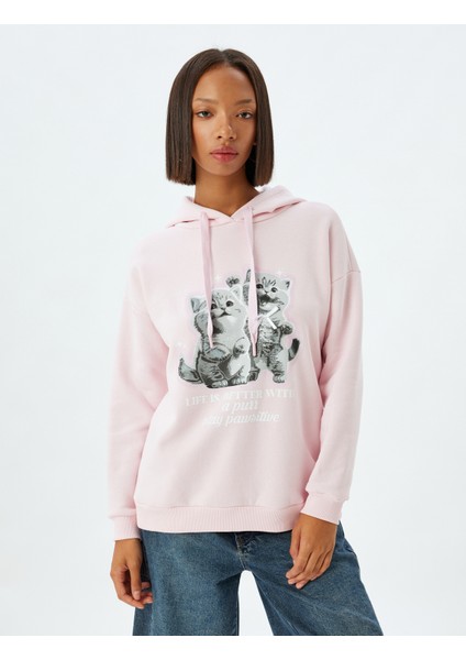 Kedi Baskılı Sweatshirt Kapüşonlu Şardonlu Rahat Kalıp modelleri
