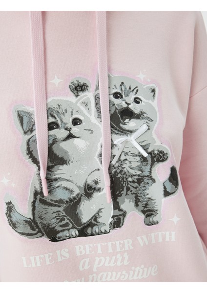 Kedi Baskılı Sweatshirt Kapüşonlu Şardonlu Rahat Kalıp indirimleri