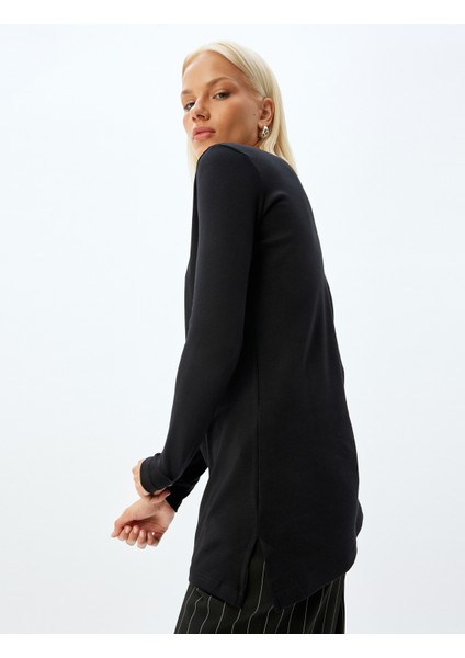 Uzun Kollu Tişört Nakış Detaylı Bisiklet Yaka Pamuklu