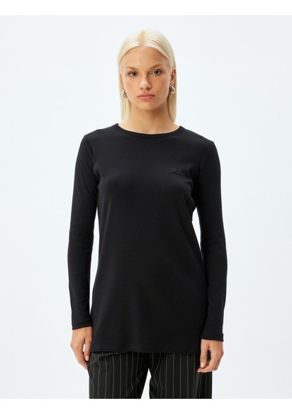 Uzun Kollu Tişört Nakış Detaylı Bisiklet Yaka Pamuklu modelleri