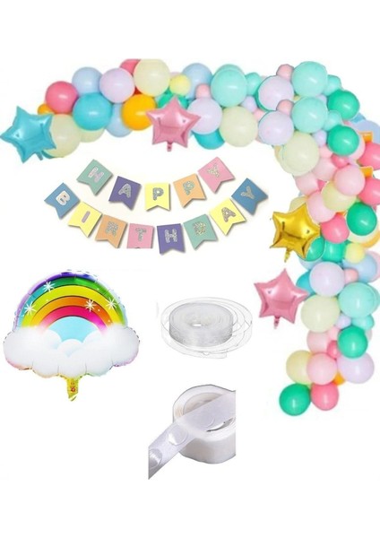 50 Makaron Balon+1 Bulut 3 Yıldız Folyo Balon Parti Gökkuşağı Doğum Günü Renkli Zincir Seti