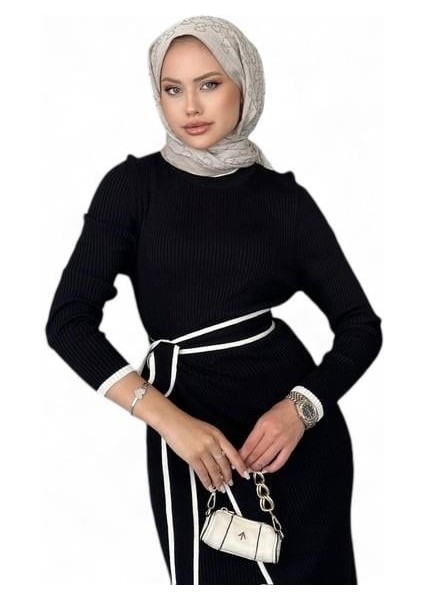 Valent Bağlamalı Triko Elbise-Siyah