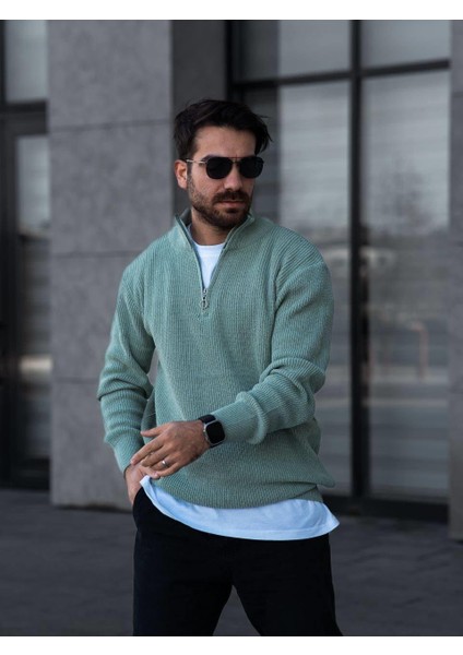 Tugo Man Fashion Fermuarlı Örme Triko Kazak