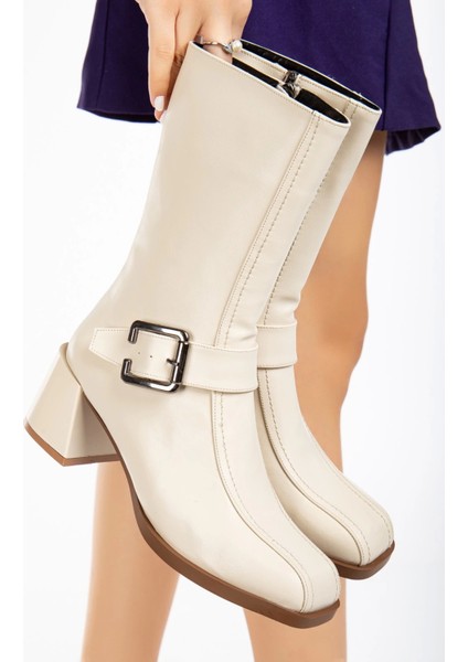 Kadın Bej Küt Burunlu Tokalı Bot indirimleri