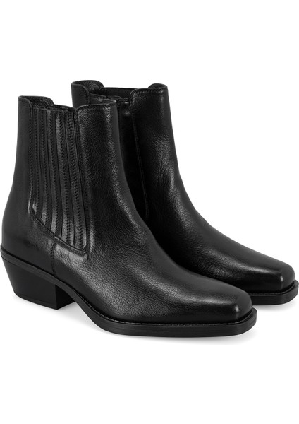 Arone Siyah Kadın Topuklu Deri Kovboy Botu