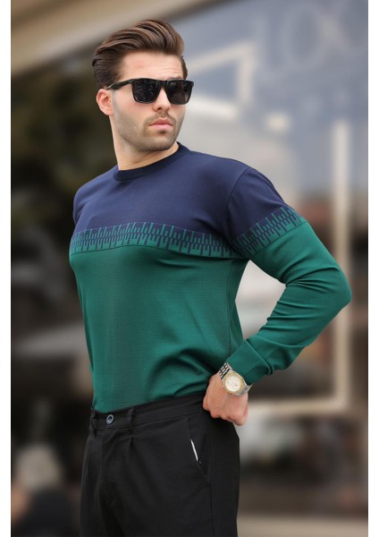 Lacivert Desenli Iki Renk Bisiklet Yaka Erkek Triko Kazak 7276