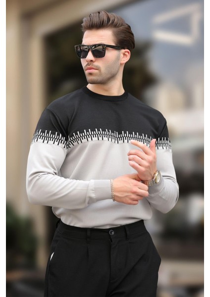 Siyah Desenli Iki Renk Bisiklet Yaka Erkek Triko Kazak 7276