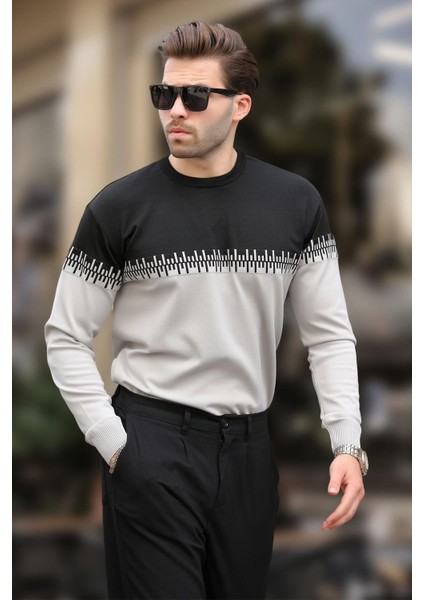 Siyah Desenli Iki Renk Bisiklet Yaka Erkek Triko Kazak 7276 modelleri