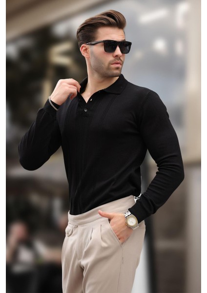 Siyah Polo Yaka Çizgili Erkek Triko Kazak 7265