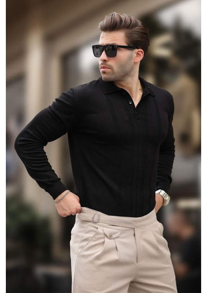 Siyah Polo Yaka Çizgili Erkek Triko Kazak 7265 fiyatları