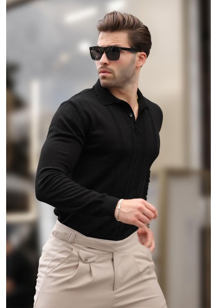 Siyah Polo Yaka Çizgili Erkek Triko Kazak 7265 modelleri