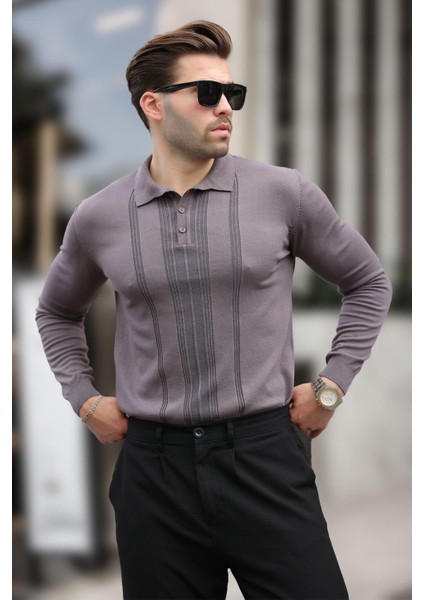 Koyu Gri Polo Yaka Çizgili Erkek Triko Kazak 7265