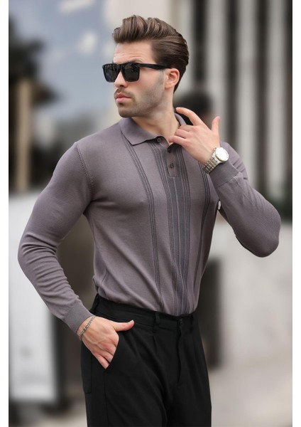 Koyu Gri Polo Yaka Çizgili Erkek Triko Kazak 7265 fiyatları