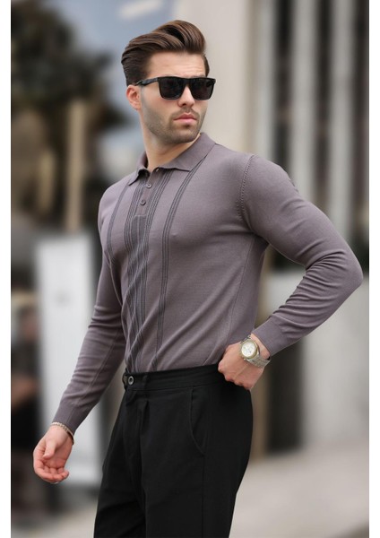 Koyu Gri Polo Yaka Çizgili Erkek Triko Kazak 7265 modelleri