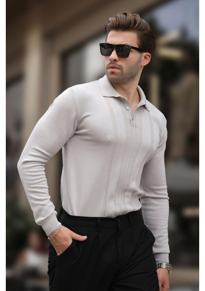 Gri Polo Yaka Çizgili Erkek Triko Kazak 7265