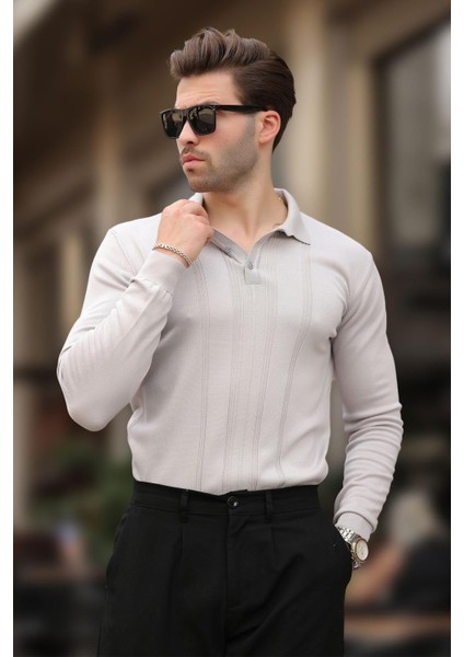 Gri Polo Yaka Çizgili Erkek Triko Kazak 7265 fiyatları