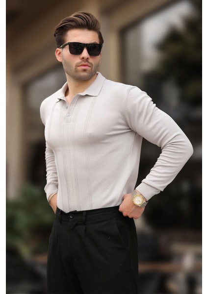 Gri Polo Yaka Çizgili Erkek Triko Kazak 7265 modelleri