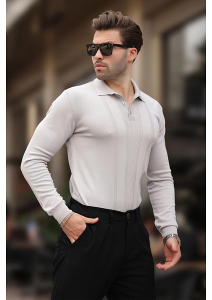 Gri Polo Yaka Çizgili Erkek Triko Kazak 7265 fırsatları