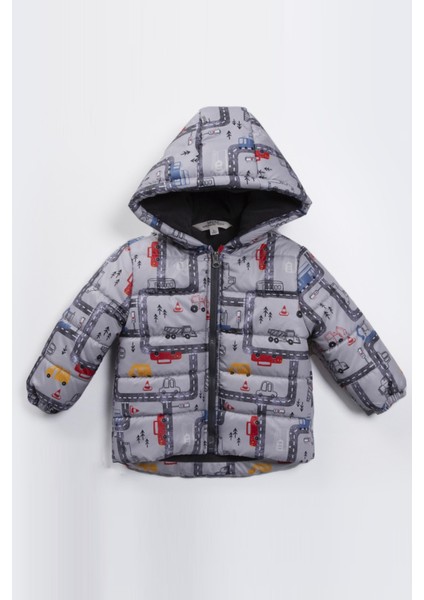 Araba ve Kamyon Figürlü Baskılı Iç Astarı Polarlı Kapüşonu Kışlık Içi Peluş Erkek Bebek Mont Şişme