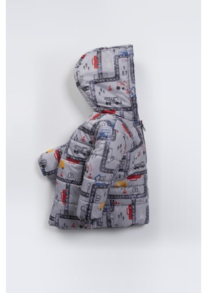 Araba ve Kamyon Figürlü Baskılı Iç Astarı Polarlı Kapüşonu Kışlık Içi Peluş Erkek Bebek Mont Şişme modelleri