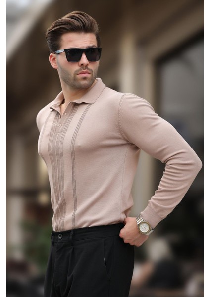 Bej Polo Yaka Çizgili Erkek Triko Kazak 7265