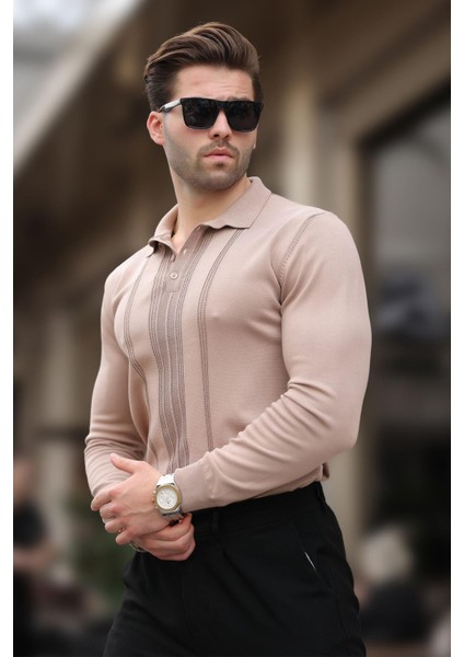 Bej Polo Yaka Çizgili Erkek Triko Kazak 7265 fiyatları