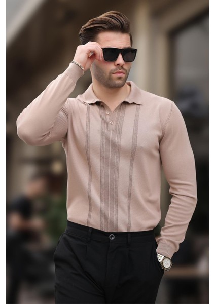 Bej Polo Yaka Çizgili Erkek Triko Kazak 7265 modelleri