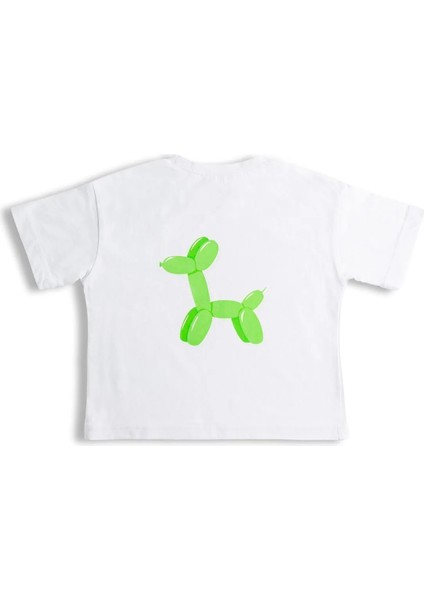 Dog Balloon Baskılı Bisiklet Yaka %100 Organik Pamuk T-Shirt Beyaz