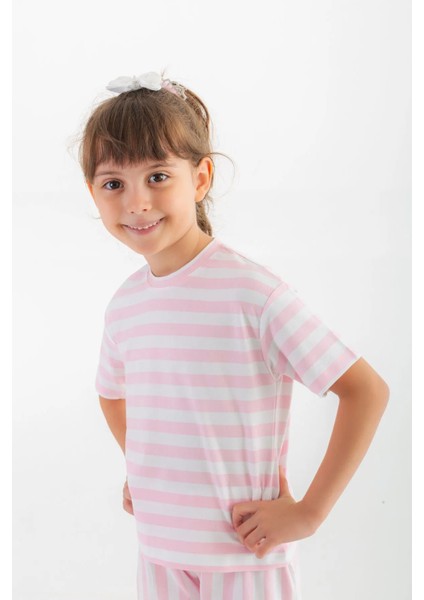 Pink Dream Yarım Kollu %100 Pamuk Bisiklet Pembe Yaka Çizgili Çocuk T-Shirt fiyatları