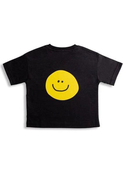 Smile Baskılı Bisiklet Yaka %100 Organik Pamuk T-Shirt Siyah