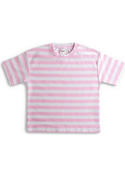 Pink Dream Yarım Kollu %100 Pamuk Bisiklet Pembe Yaka Çizgili Çocuk T-Shirt